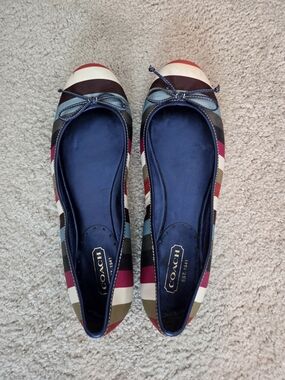 COACH Multicolor Striped Satin Ballet Flats with Navy Insole